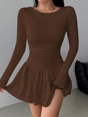 Ruched Long Sleeve Layered Ruffle Mini Dress in Red, alternate angle