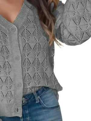 V-neck Openwork Button-down Knit Cardigan in White, close-up detail