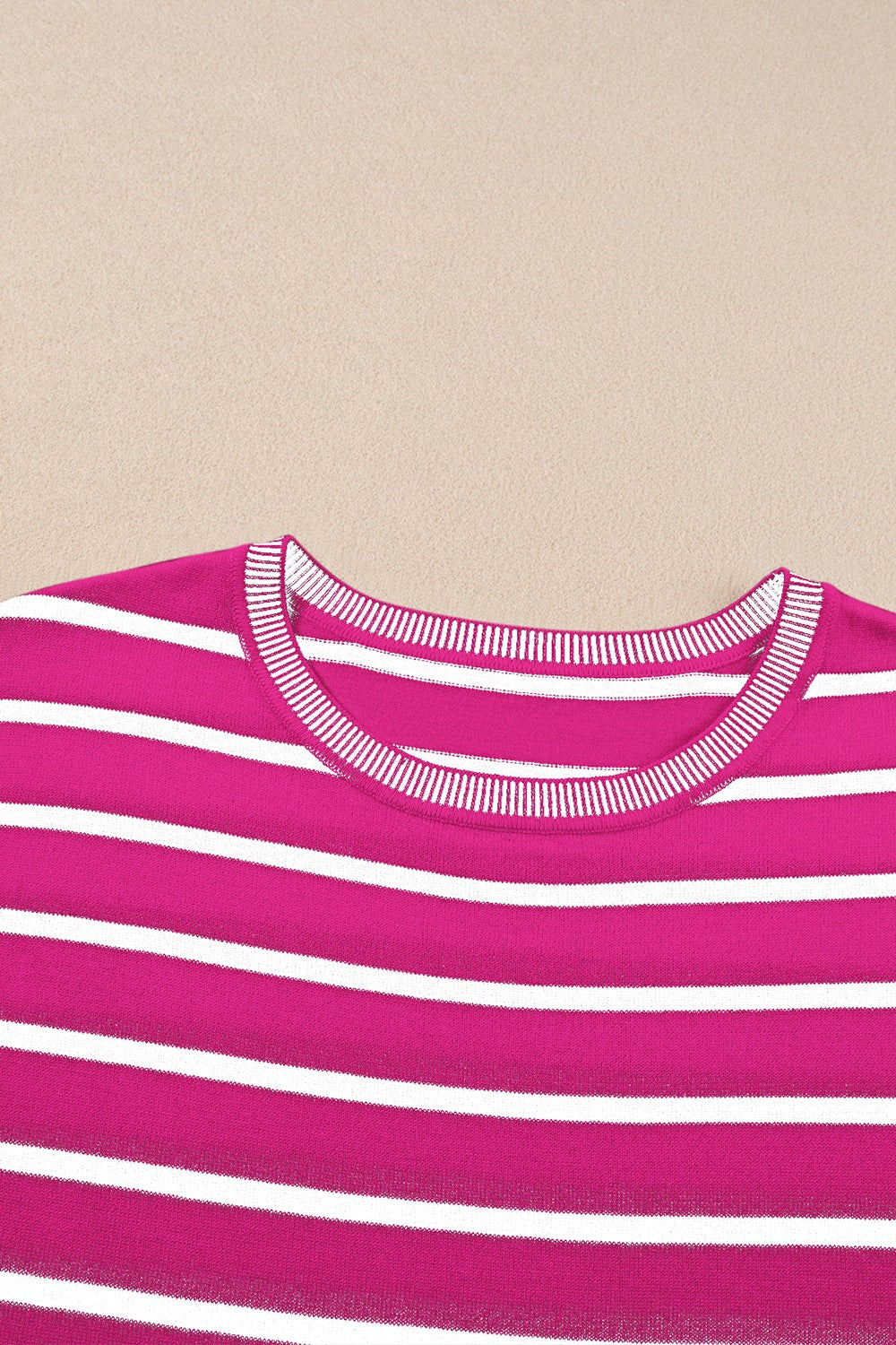 Hot pink and white striped boxy tee with contrast ribbed neckline.