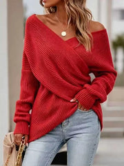 Crisscross Ribbed Knit Long Sleeve Sweater in Black, product detail