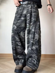 Men's loose fit 100% cotton cargo pants in a grey camouflage pattern with multiple pockets.