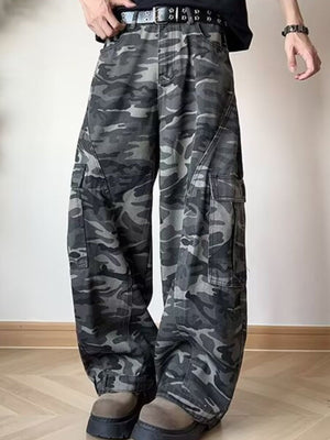 Men's loose fit 100% cotton cargo pants in a grey camouflage pattern with multiple pockets.