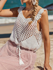 White crochet tank top with tie waist and tassel detail