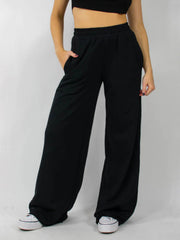 Black wide-leg loungewear pants with pockets and elastic waist