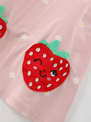 Pink cotton baby dress with playful strawberry applique and floral print.