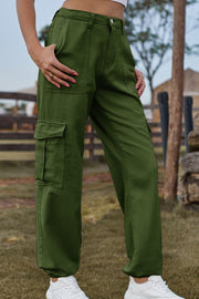 Army green cargo pants with multiple pockets and a relaxed fit.