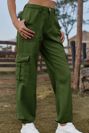 Army green cargo pants with multiple pockets and a relaxed fit.