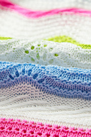 Scalloped crochet tee with ruffle sleeves in stripe pattern, featuring blue, white, and pink colorblock knit details.