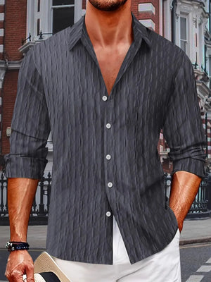 Dark gray textured weave button-down shirt with relaxed fit and long sleeves.