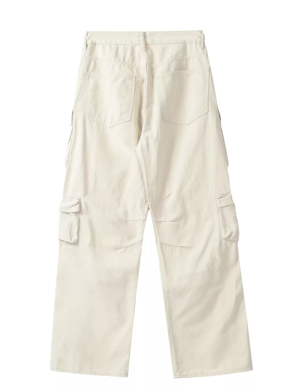 Cream cargo pants with buttoned multi-pocket design and wide leg cut.