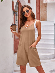 Camel layered V-neck romper with oversized pockets and spaghetti straps.