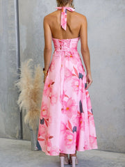 Pink floral halter neck maxi dress with corset back detail