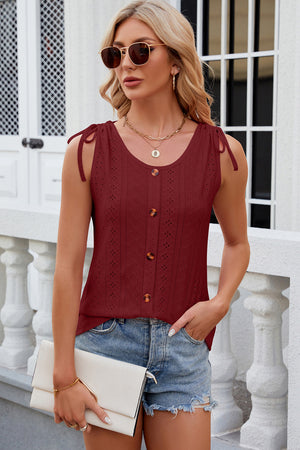 Tie-shoulder eyelet button-down tank top in Rust with scoop neck and adjustable tie straps.
