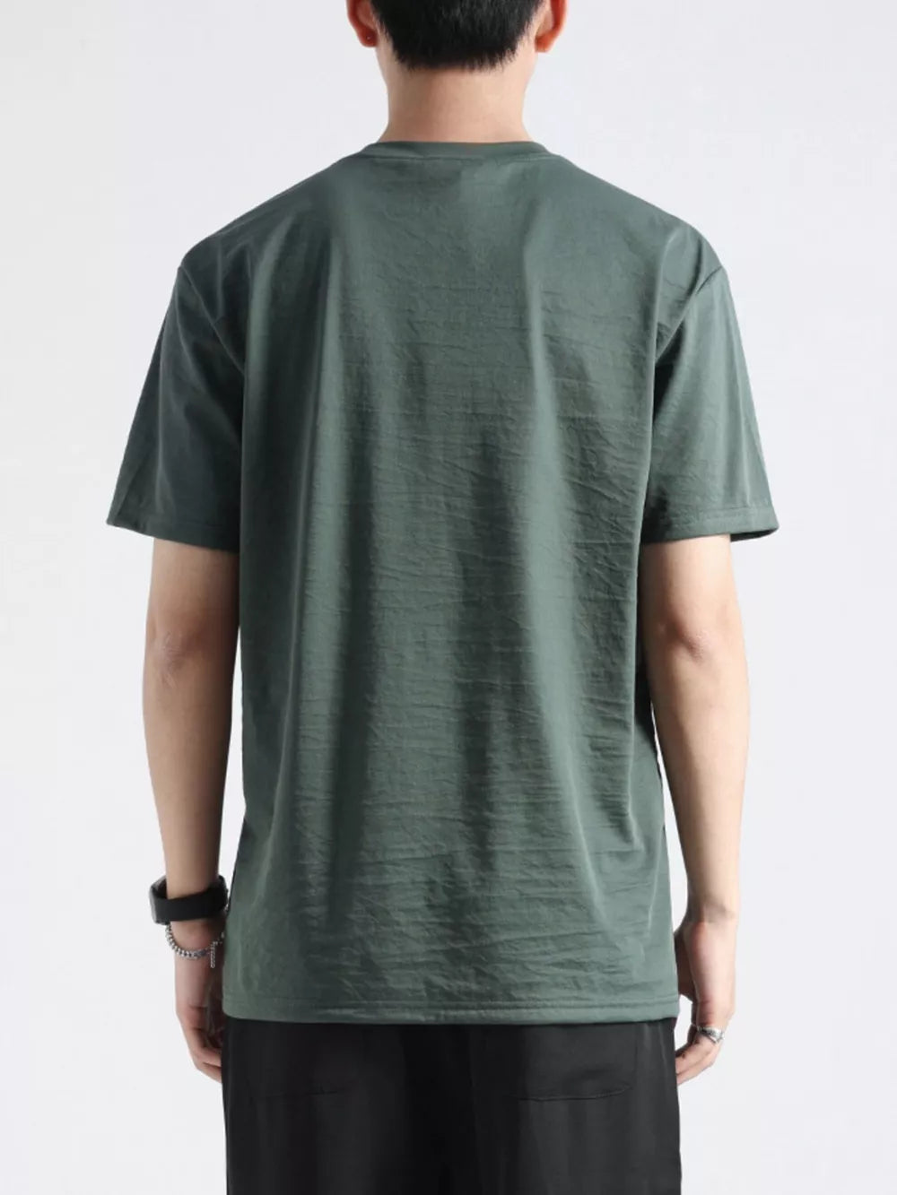 Men's relaxed fit olive green cotton t-shirt, back view