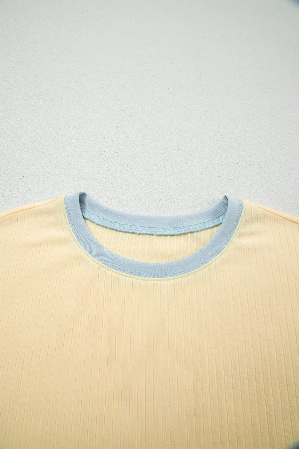 Ribbed cotton crew neck top in yellow with light blue trim
