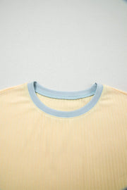 Ribbed cotton crew neck top in yellow with light blue trim