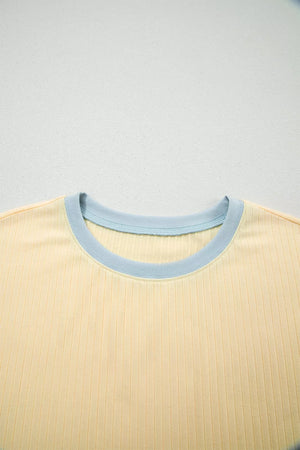Ribbed cotton crew neck top in yellow with light blue trim