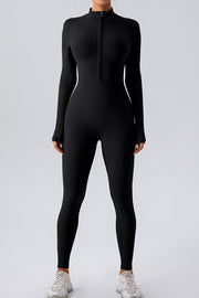 Black zip-front long sleeve bodycon jumpsuit with a high neckline.