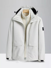 White hooded waterproof jacket with zip-out fleece liner and two front pockets.