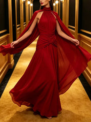 Ruched Halter Neck Cape Maxi Dress in Red, side view