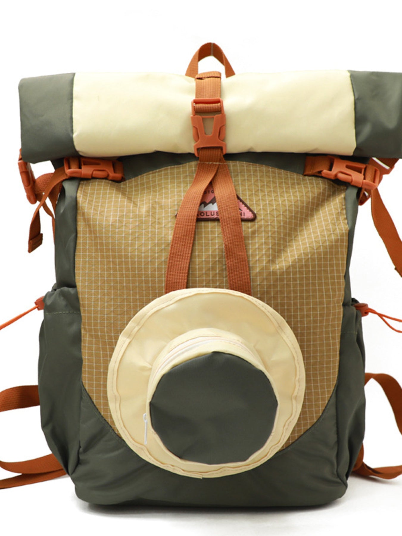 Sleek roll-top nylon backpack with tan grid pattern, olive green sides, and cream roll-top.