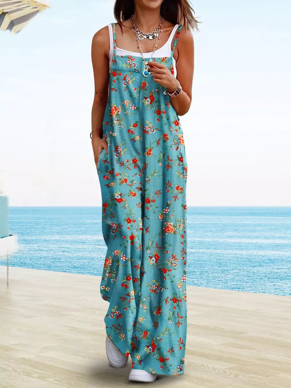 Floral Print Wide Leg Spaghetti Strap Overalls, product detail