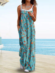 Floral Print Wide Leg Spaghetti Strap Overalls, product detail
