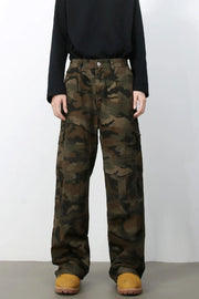Cargo Camo Wide-Leg Utility Trousers in Green Camouflage with multiple pockets.