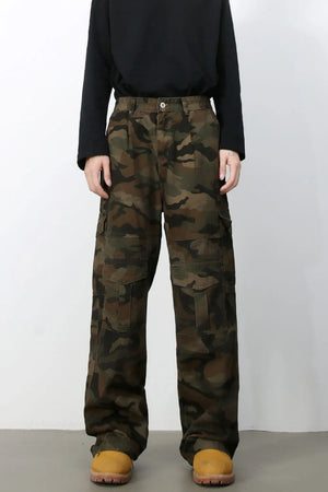 Cargo Camo Wide-Leg Utility Trousers in Green Camouflage with multiple pockets.
