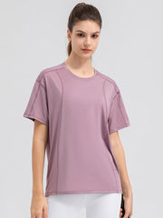 Dusty Pink Seam Detail Performance Tee with short sleeves and crew neck.
