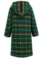 Tartan toggle hooded coat in dark green with red and yellow plaid pattern.