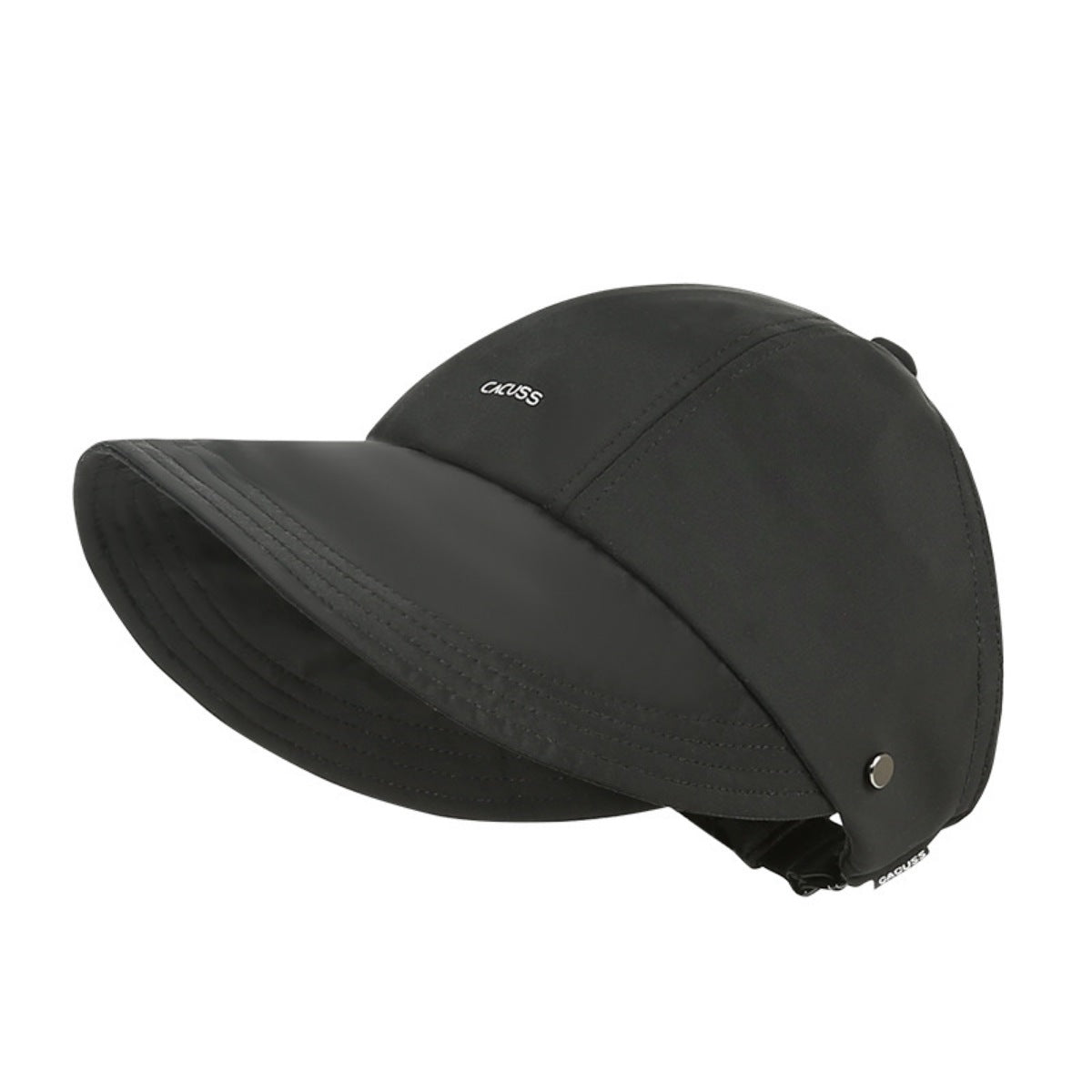 Black sun protection visor hat with adjustable strap and decorative stitching