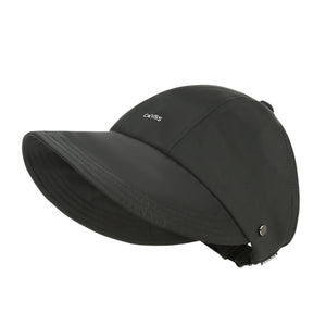 Black sun protection visor hat with adjustable strap and decorative stitching