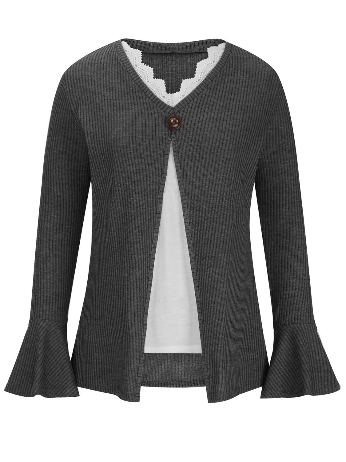 Dark gray ribbed knit layered top with bell sleeves, white lace trim, and a decorative button.