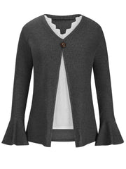 Dark gray ribbed knit layered top with bell sleeves, white lace trim, and a decorative button.