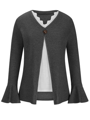 Dark gray ribbed knit layered top with bell sleeves, white lace trim, and a decorative button.