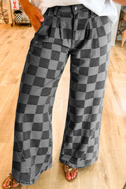 Checkerboard denim wide leg trousers in dark gray with a high waist and pleated front.