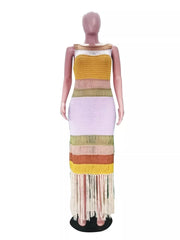 Maxi dress with color block crochet and fringe detail, sleeveless, scoop neck.
