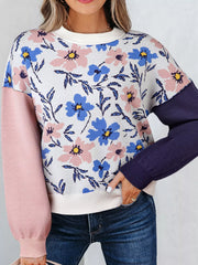 Patchwork floral sweater with crew neck and contrast sleeves in pink and navy.