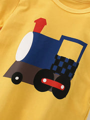 Yellow cotton t-shirt with a playful cartoon train graphic for kids.