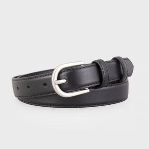Black cowhide leather belt with silver buckle and keeper loop.