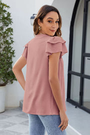 Dusty Pink blouse with flutter sleeves and pleated yoke detail.
