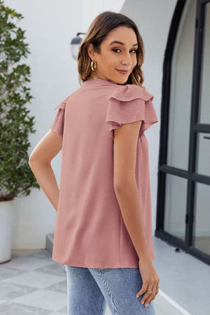 Dusty Pink blouse with flutter sleeves and pleated yoke detail.