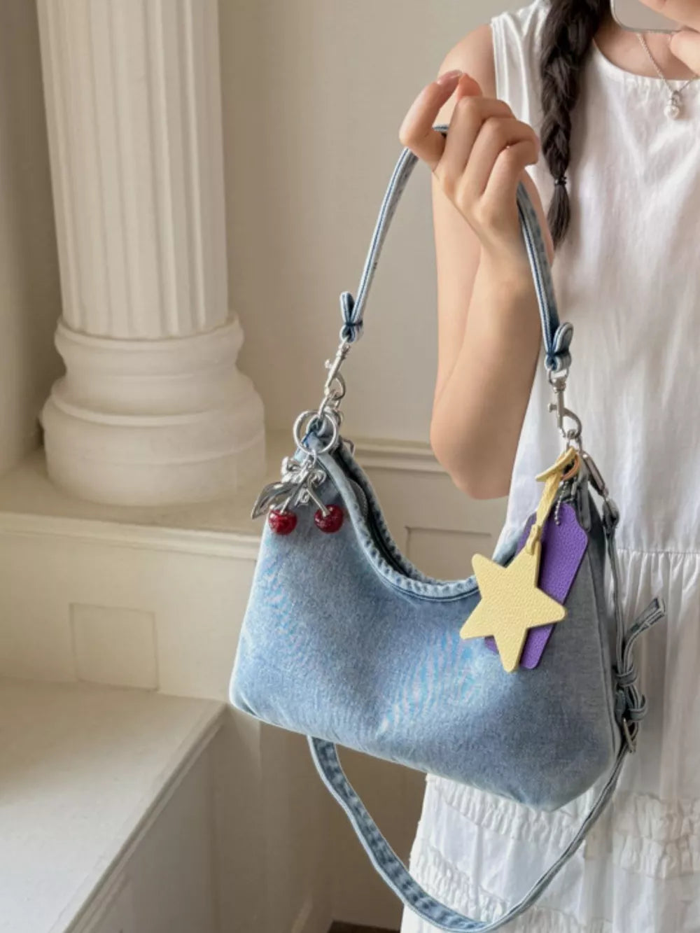 Star Charm Denim Shoulder Bag in Medium, view 11