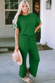 Green textured knit tee and wide leg pants set with drawstring waist.