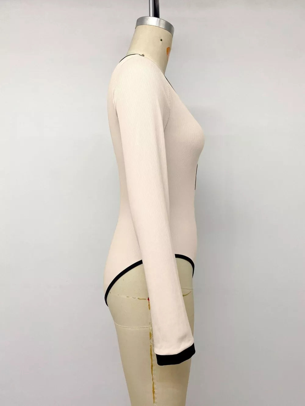 Ribbed V-neck Long Sleeve Bodysuit in Tan, alternate angle