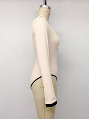 Ribbed V-neck Long Sleeve Bodysuit in Tan, alternate angle
