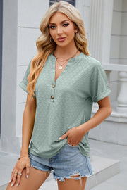Light Green textured henley tee with rolled sleeves and button detail