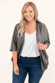 Drape-front ribbed batwing cardigan in dark gray with open front and elbow-length sleeves.