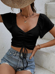 Black ribbed crop top with drawstring and flutter sleeves
